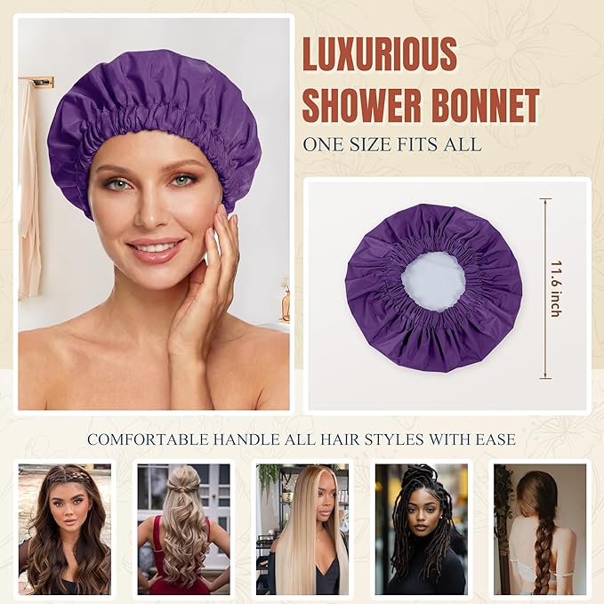 Reusable Shower Cap for Women, Large Waterproof Shower Bonnet with Elastic Band, Washable Bath Hair Cap for Long, Curly Hair, Braids, Daily Shower, Home Spa, Travel(Dark Purple)