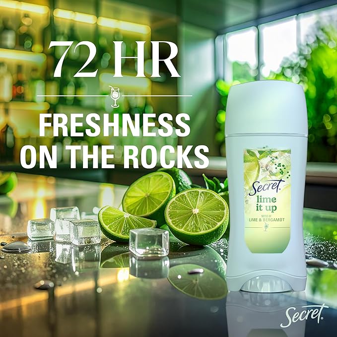 Secret Fresh Antiperspirant Deodorant for Women, 72hr Freshness on the Rocks with Pro-Hyaluronic Acid, Miami Mocktails Edition, Invisible Solid, Lime It Up with Lime & Bergamot Scent, 2.6 oz