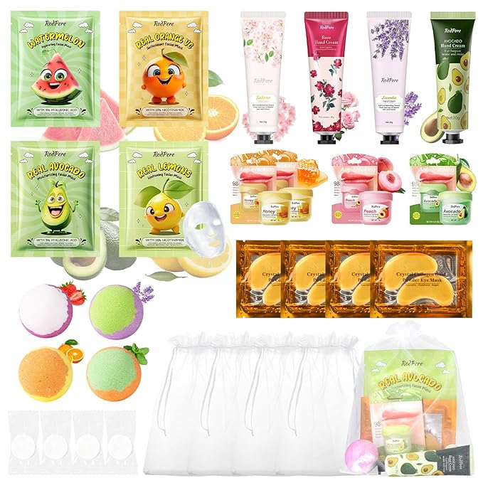 28PCS Spa Party Supplies For Girls, Spa Birthday Party Favors For 4 People, Spa Day Kit With Bath Bombs, Eye Mask, Lip Balm, Face Mask, Hand Cream, Compressed Towel, Gift Bag, Sleepover Spa Gift Set