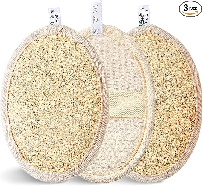 Reemix Natural Loofah Exfoliating Body Scrubber 3-Piece Oval Set - Gentle Face & Body Scrub Sponge, Eco-Friendly Bath Shower Tool for Smooth Skin, Travel-Friendly Design
