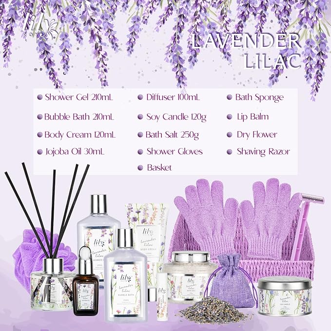 Mother's Day Gift Basket for Women - 15-Piece Lavender Bath and Body Gifts for Women, Spa Gift Basket for Women, Spa Kit | Birthday, Valentines Day Gifts, Christmas Gift, Perfect Present for Her & Mom