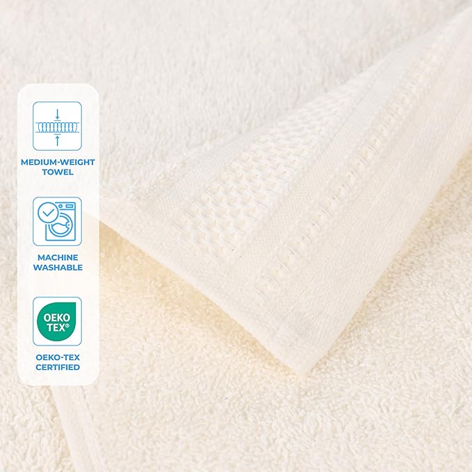 Superior Honeycomb 100% Cotton 500 GSM 12 Piece Bath Towel Set, 6 Washcloths, 4 Hand, 2 Bath Towels, Ideal for Bathroom, Kitchen or Beach, Quick Dry, Jacquard and Solid, Mid-Weight, Ivory