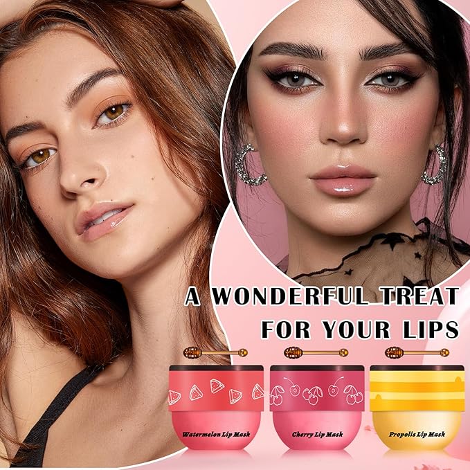 Honey Pot Lip Balm,3PCS Bee Lip Balm Honey Pot Cherry Watermelon Lip Scrub,Fade Lip Lines Prevention Dry and Cracked Lip Mask Overnight (Honey+Watermelon+Cherry)