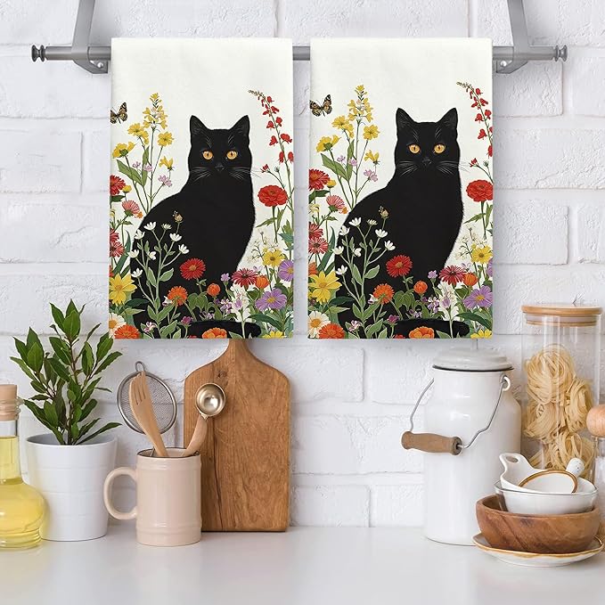 Accnicc 2 Pack Black Cat Bathroom Hand Towels Decorative Spring Floral Dish Kitchen Towel 16x27 Inch Botanical Colorful Wildflowers Butterfly Absorbent Soft Microfiber Bath Towels Hotel Spa Decor
