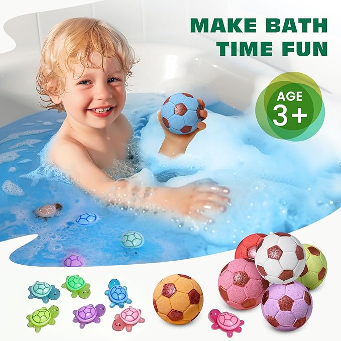 Qivatex Bath Bombs with Surprise Toys Inside, Soccer Gifts for Kids Boys Girls, 9 Kids Bath Bombs Gift Set, Handmade Nature Bubble Bath Fizzes Bomb, Birthday Gifts for Kid