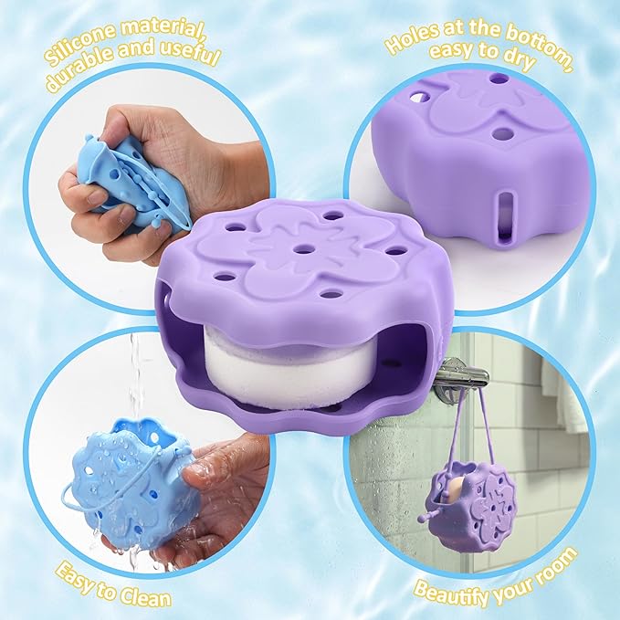 2 Packs Shower Steamer Tray, Hangable and Reusable Shower Steamer Holder/Hanger, Bath Bombs Shower Accessory, Aromatherapy Diffuser Containers, Silicone Material, Purple and Blue