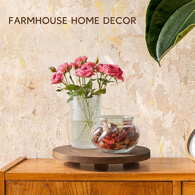Small Round Decorative Tray Burnt Wood Bathroom Counter Organizer Pedestal Stand Farmhouse Kitchen Decor Wooden Riser for Soap Dish, Perfume, Candle, Sponge, 9" - Brown