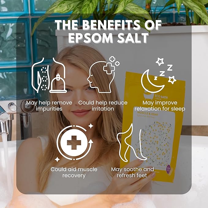 Eco Bath London Muscle & Joint Epsom Salt Bath Soak – Pouch 2.2 LB (1kg) | Made in UK | Magnesium Bath Salts with Lemongrass, Peppermint, Eucalyptus and Black Pepper Oils | Bath Salt for Recovery