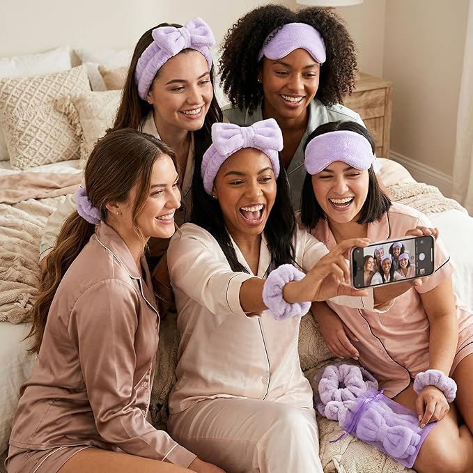 Mimorou 48 Pieces Spa Party Supplies Gift for Mother's Day 12 Spa Headband 12 Plush Sleep Eye Mask 12 Velvet Scrunchies 12 Organza Bags for Sleepover Slumber Party Graduation Gift(Purple)