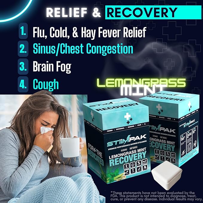 Shower Steamers for Sinus Relief | Recovery | XXL 80g Cold & Flu, Allergies, Post-Workout | Eucalyptus, Tea Tree, Turmeric, Arnica, Caffeine, Menthol | Extra Strength Aromatherapy | STiiMPAK (8 Pack)