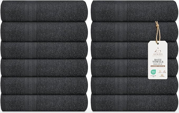 Medium Bath Towels Bulk Set of 12 – 100% Cotton Terry – 24" x 48" – Quick Dry, Soft & Highly Absorbent – Grey Towels for Bathroom, Gym, Spa, Pool & Daily Use
