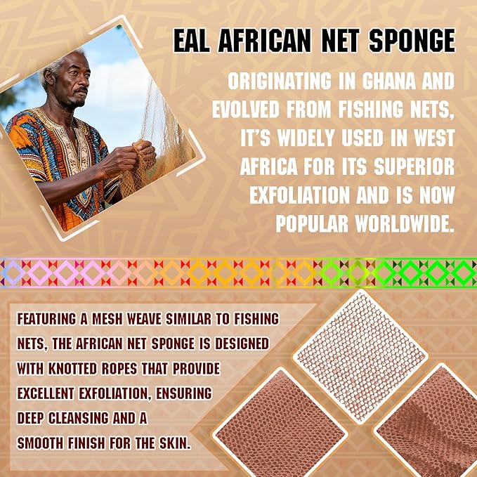 5 Pieces African Net Sponge – Deep Cleansing & Exfoliating Mesh for Glowing Skin – Stretchable, Quick-Dry Material for Daily Shower Use (Orange, Blue, Rose Red, Brown, Blue)