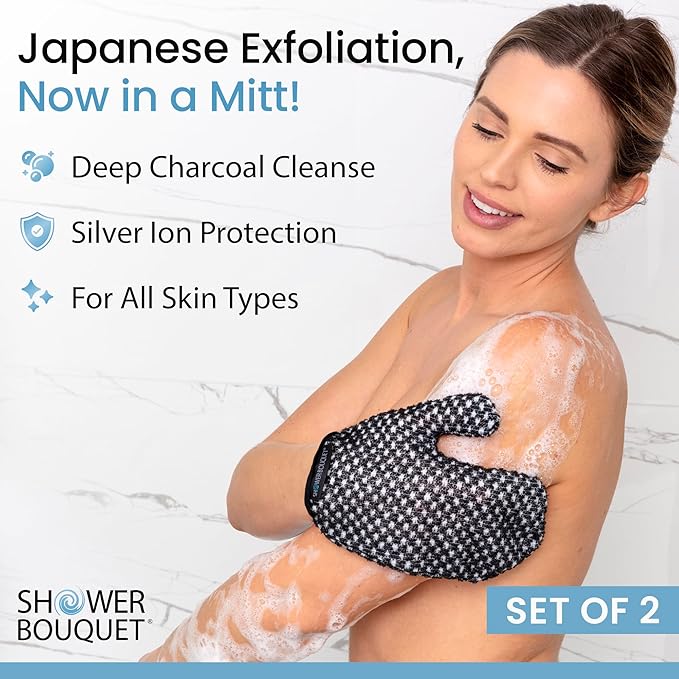 Japanese Exfoliating Mitt 2-Pack - Charcoal & Silver Ion Exfoliating Gloves for Shower - Soft Inner Fabric Gentle Exfoliation & Deep Cleansing Body Scrub Gloves for All Skin Types - 2 White