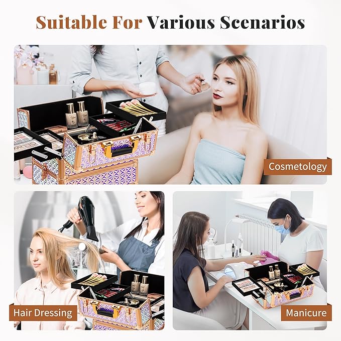 3 in 1 Rolling Makeup Train Case Professional Large Cosmetic Trolley Cosmetology Case on Wheels Traveling Cart Trunk for Hairstylist Artist Nail Beauty Salon Barber, Colorful