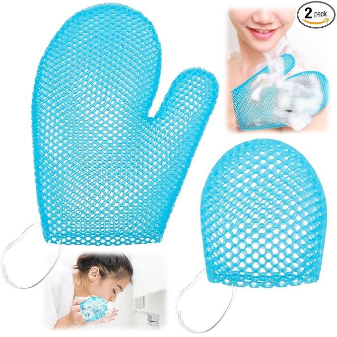 Karenhi 2 Pcs Honeycomb Exfoliating Glove Set Exfoliating Bath Mitt Honeycomb Face and Body Scrubber Shower Mitt for Cleaning Body Shower Face Skin Beauty Spa, Quick Drying(Blue)