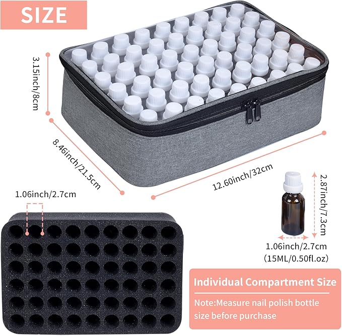 Essential Oils Carrying Case Holds 54 Grids for 1-3ML Roller Bottles 5ml, 10ml, 15ml Bottles Storage Organizer Bag Transparent, Essential Oil Bag with Detachable Sponge Pad Grey