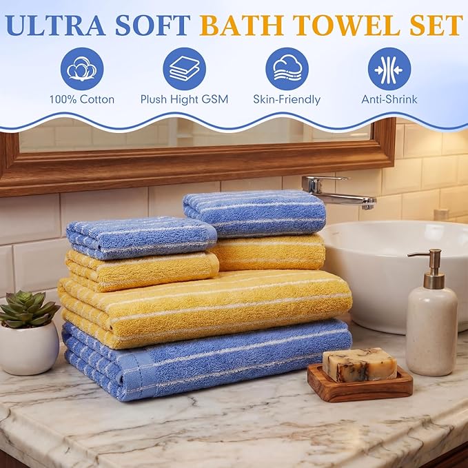 6 Pcs Large Bath Towels Set 28x55 Inch Soft Cotton Towels for Bathroom Striped Towel Set Highly Absorbent & Quick Dry Towel for Spa Gym 2 Bath, 2 Hand, 2 Washcloth (Blue, Yellow)