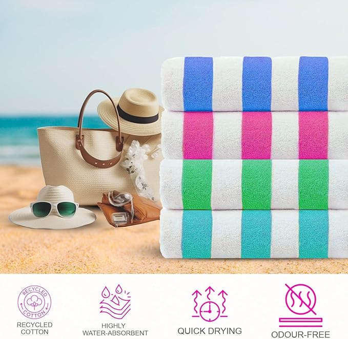 Casa Copenhagen Cabana Towel 4Pcs Blue,Pink,Green,Teal Designer Stripe Beach Towels Gift Set, 30"x60" Oversized 100%Cotton Pool Bath Towel for Beach Gift Set (Perfect Summer Gift Set For Women & Men)