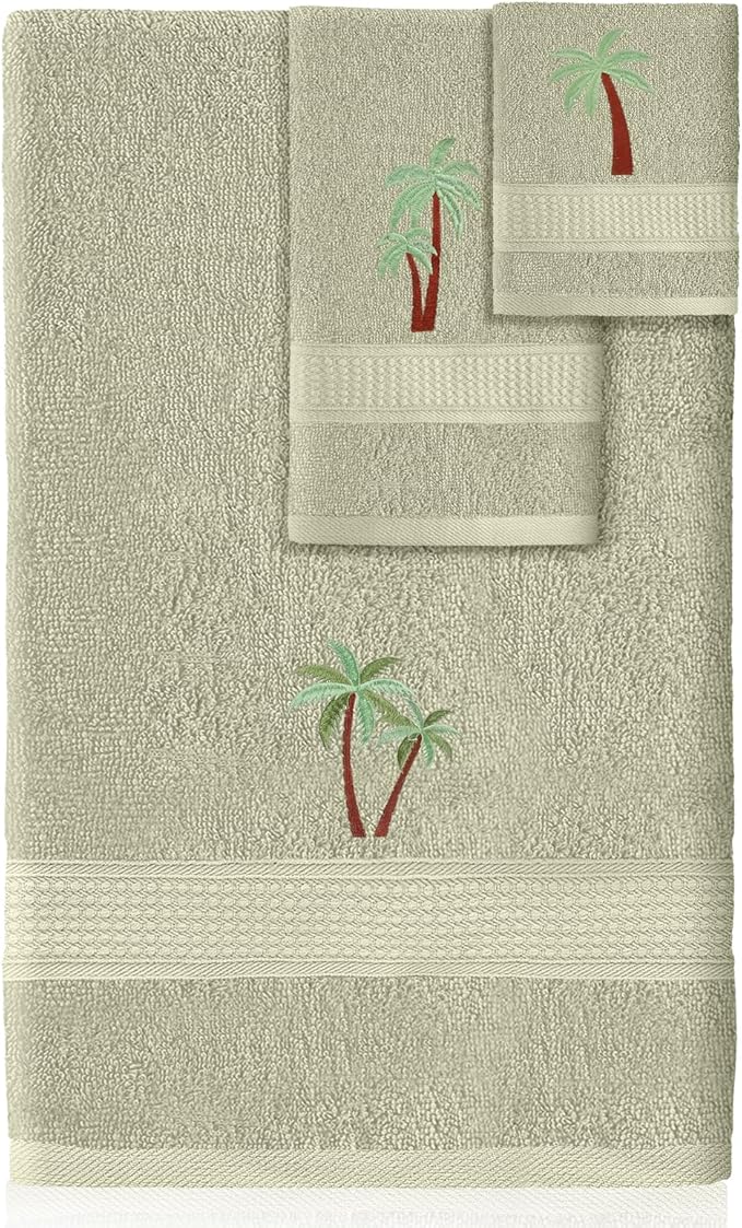 3 Pcs Summer Palm Tree Bathroom Towel Set Farmhouse Embroidered Palm Tree Towels Vintage Decorative 100% Cotton Bath Towel Highly Absorbent Elegant Summer Decor Set for Bathroom