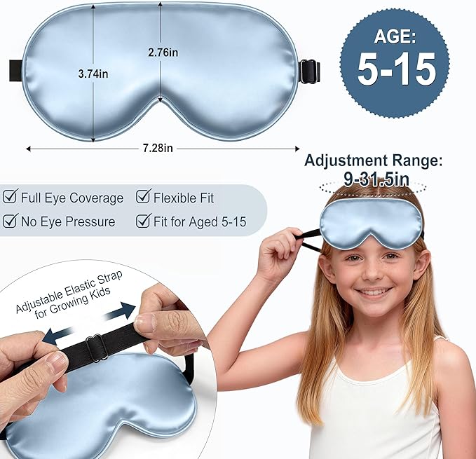 Kids Sleep Mask, Kids Eye Mask for Boys Girls, Kid Silk Eye Masks with Adjustable Strap for Sleeping, 100% Light-Blocking Sleep Eye Cover, Includes Protective Laundry Bag (Blue)
