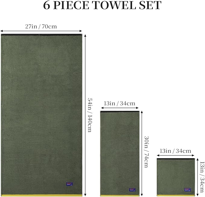 REDKISS 6 Piece Luxury Bath Towel Set, 2 Bath Towels, 2 Hand Towels, 2 Washcloths, 100% Cotton Ultra Soft Highly Absorbent Quick Dry Towels for Bathroom, Gym, Spa, Hotel, Army Green
