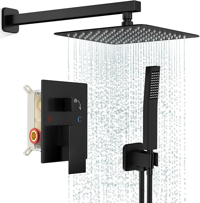 FPXRNG Black Shower Faucet Set, Rainfall Shower System with Square Shower Head and Handle Set, Wall Mounted Shower Fixtures, Full Metal Trim Repair Kit 8 inch Matte Black (With Shower Valve)