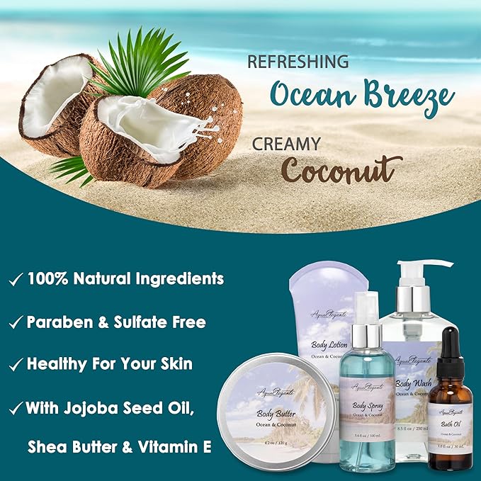 Aqua Elegante Bath Spa Gift Set - 15 Piece Premium Basket with Wash, Bubble Bath, Lotion, Salts, Body Scrub, Towel, Shower Puff, Bathbombs, Reusable Basket, Gifts for Women - Ocean & Coconut
