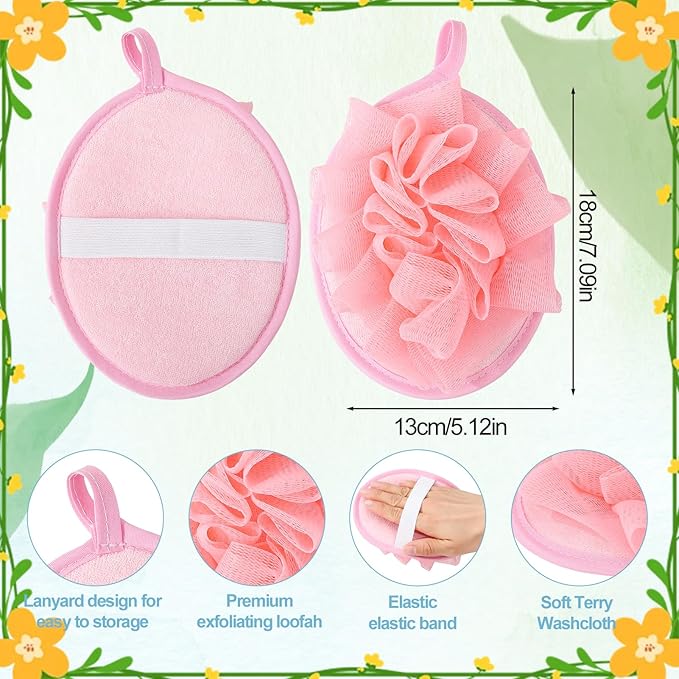 4 PCS Exfoliating Bath Sponges Soft Loofah Shower Scrubber with Elastic Hand Strap for Women Men Gentle Skin Cleansing Body Wash Towel Pouf Purple, Pink, Green, Coffee