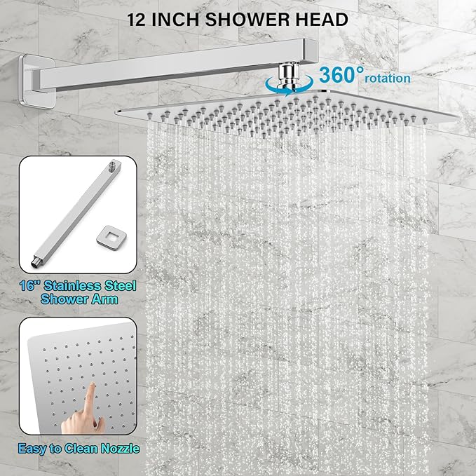 FPXRNG Shower Faucet Set Bathroom Square Rain Shower Head and Handle Set, Wall Mounted Shower Fixtures, Full Metal Trim Repair Kit 12 inch Polished Chrome (With Shower Valve)