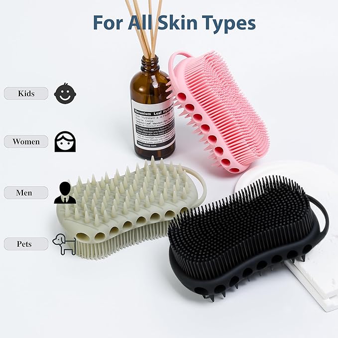 MtBoi Double-Sided Exfoliating Silicone Body Scrubber, 2-in-1 Bath Scrubber, Shampoo Brush, Silicone Loofah for All Skin Types, Shower Body Scrubber, Easy to Clean, Lather Well (Gray)