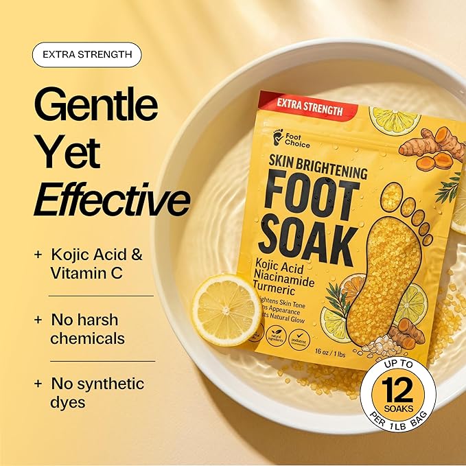 Skin Brightening Foot Soak with Kojic Acid & Niacinamide - Evens Skin Tone, Boosts Glow & Softens Calluses - Turmeric & Vitamin C - 1lb
