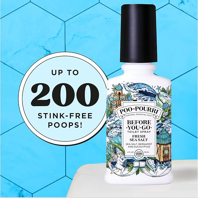 Poo-Pourri Before-You-Go Toilet Spray,Fresh Sea Salt,4 Fl Oz,Up to 200 Uses,Bathroom Odor Deodorizer,Plant-Based with Essential Oils,for Home or Work,Sea Salt,Bergamot & Eucalyptus Scent,(Pack of 2)