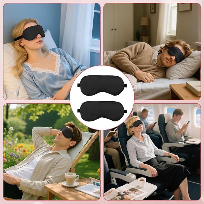 2 PCS Black Satin Sleep Masks, Adjustable Silk Eye Mask for Sleeping, Eye Sleep Shade Cover, Blind Folds Soft Breathable Blindfold for Play Party Games Airplane Travel Essentials Cover Gifts