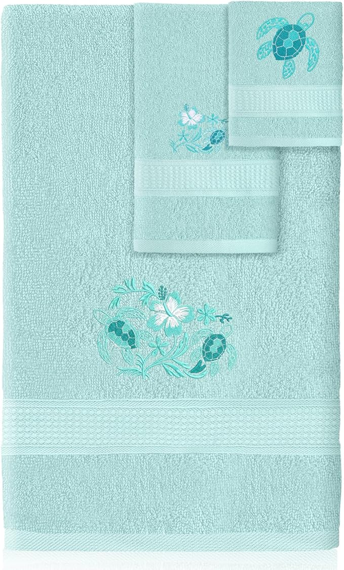 3 Pcs Rustic Sea Turtle Bathroom Towel Set Farmhouse Embroidered Sea Turtle Towels Vintage Decorative 100% Cotton Bath Towel Highly Absorbent Elegant Summer Decor Set for Bathroom