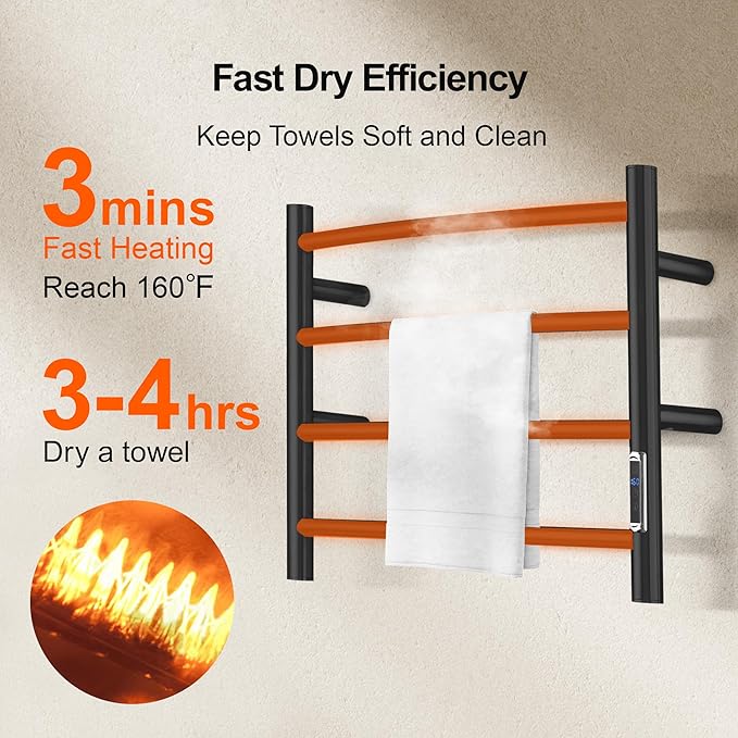 Electric Towel Warmer with Built-in Timer - Wall Mounted Bathroom Heated Towel Rack, Plug-in Design & Brushed Stainless Steel Finish Black