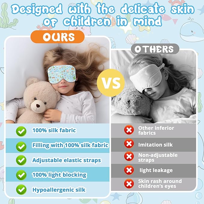 Kids Sleep Mask Eye Cover: 100% Real Natural Pure Silk Eye Mask with Adjustable Strap, Funny Blindfold Kids Eye Mask for Sleeping, Soft & Lightweight Eye Shade for Boys Girls Teens (Ocean Style)