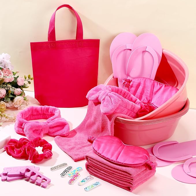 Thiccywoov 54Pcs Kids Foot Spa Party Supplies for Girl Spa Party Favors 6 Washbasin 6 Tote Bags 6 Hand Towels 6 Toe Separators 6 Hair Scrunchies 6 Hairband 6 Slipper 6 Eye Mask 6 Nail File(Rose Red)