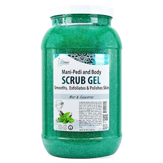 SPA REDI - Exfoliating Scrub Pumice Gel, Mint and Eucalyptus, 128 Oz - Manicure, Pedicure and Body Exfoliator Infused with Hyaluronic Acid, Amino Acids, Panthenol and Comfrey Extract