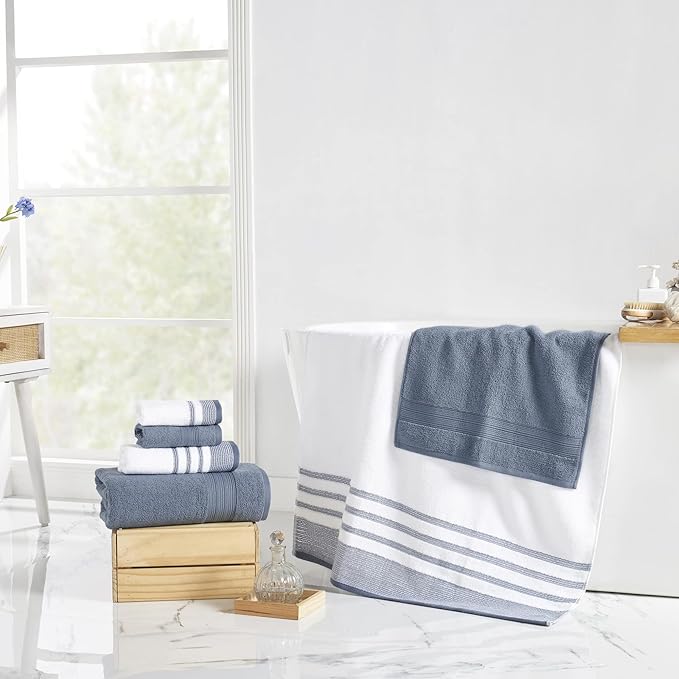 Modern Threads 6-Piece Towel Set – 100% Cotton, Quick Dry, Ultra Absorbent – Includes 2 Bath, 2 Hand, 2 Washcloths (White/Reinhart Blue)