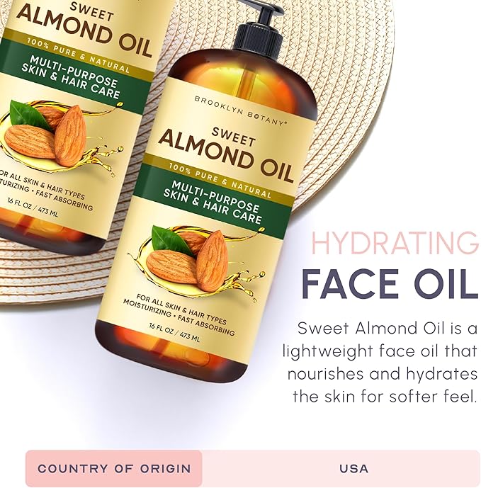 Brooklyn Botany Sweet Almond Oil | for Skin, Hair and Face | 16 Fl Oz | 100% Pure and Natural | Carrier Oil for Essential Oils, Aromatherapy and Massage | Hexane Free