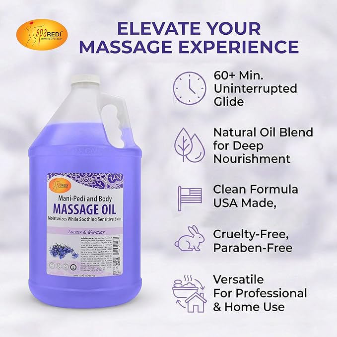 SPA REDI - Massage Oil, Lavender Wildflower, 128 Oz Professional Pedicure, Manicure, Full Body Massage Therapy, with Almond Oil, Cotton Seed Oil, Sunflower Oil, Avocado Oil, Essential Oils, Vitamin E