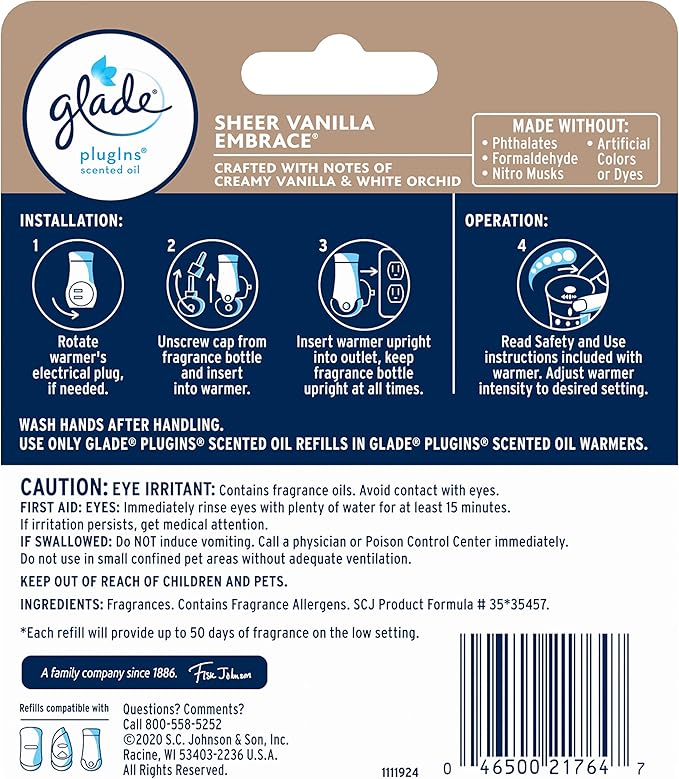 Glade PlugIns Refills Air Freshener, Scented and Essential Oils for Home and Bathroom, Sheer Vanilla Embrace, 1.34 Oz, 2 Count (Pack of 6)