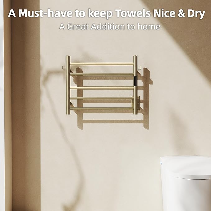 P&Dlusir Towel Warmer, Heated Towel Rack with Smart Timer and Thermo Control, Wall-Mounted Heated Towel Rail, Stainless Steel, Hard-Wired/Plug-in, Brushed Gold, 5 bar