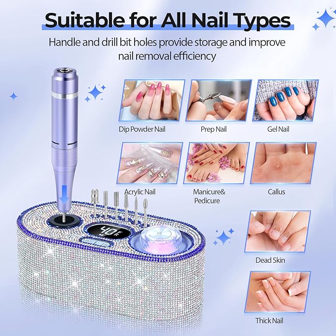 JOSGLOI Electric Nail Drill Professional: Shiny 40000RPM Electric Nail File Kit E File Nail Drill Machine with LCD Display for Acrylic Gel, Manicure Pedicure Polishing Grinder for Salon Home, Diamond