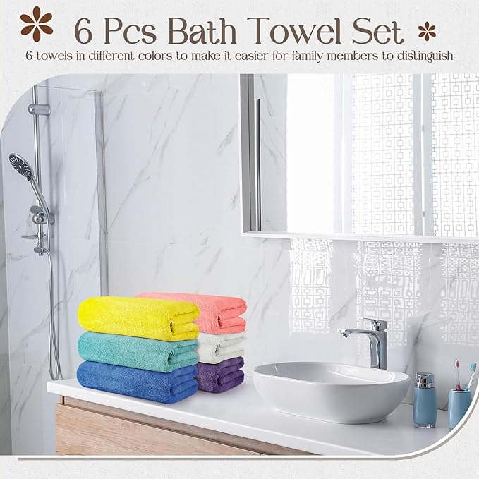 VitalCozy Set of 6 Large Bath Towels for Bathroom 28 x 55 Inches Soft Absorbent Shower Towels Bulk for Daily Use Gym Beach Pool Hotel (Light Color)