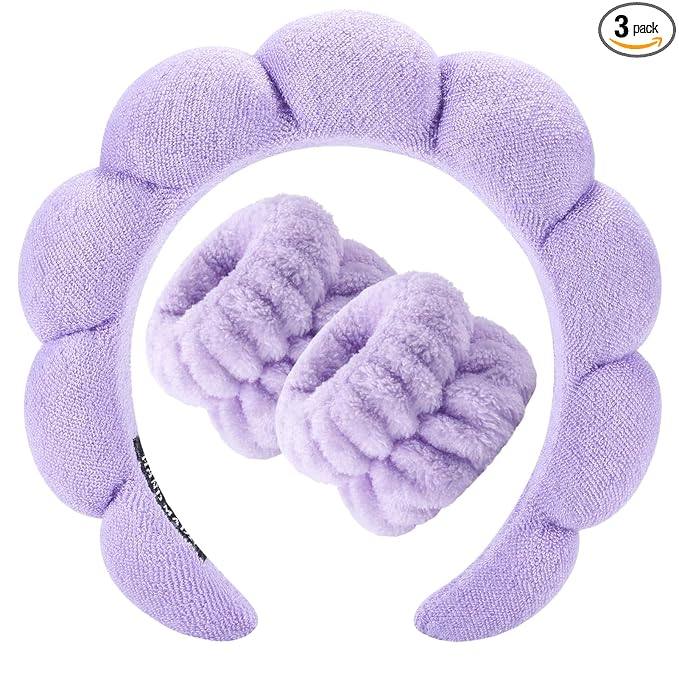 Zkptops Spa Headband for Washing Face Wristband Set Sponge Makeup Skincare Headband Terry Cloth Bubble Soft Get Ready Hairband Women Girl Puffy Padded Headwear Non Slip Thick Hair Accessory(Purple)