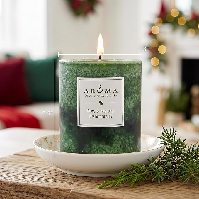 Aroma Naturals Holiday Juniper, Spruce and Basil Essential Oil Pillar Candle, Fresh Forest, 3 inch x 3.5 inch