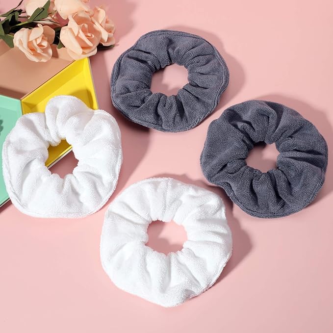 IVARYSS Super Towel Scrunchies for Drying Hair, Absorbent and Soft Microfiber for Frizz Free, Large Thick Ponytail Holder Wet Hair Accessories for Women and Girls, 4 PCS (White Grey)