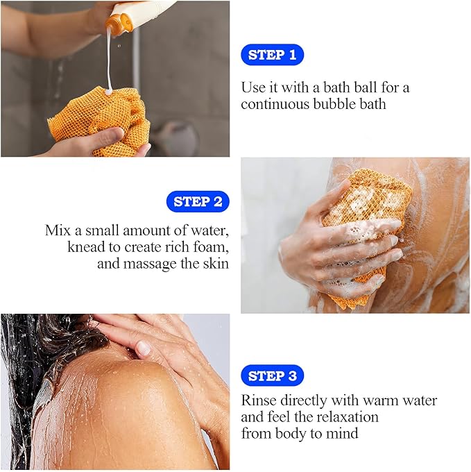 African Net Sponge - Deep Exfoliating Body Scrubber - Ultra Long African Net Sponge Reaches All Back Areas, Gently Buffs Away Dry Flaky Skin for a Renewed Feel, Home Spa Experience（Orange）