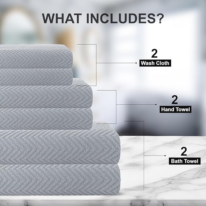 CASA COPENHAGEN Wave Textured 6 Piece Towel Set- Grey Violet, 550 GSM 2 Bath Towel 2 Hand Towel 2 Washcloth, Rough & Tough Use Cotton Towels Gift Set for Bathroom
